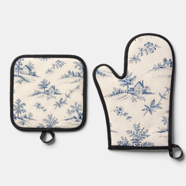 Toile de Jouy Countryside Seamless Pattern Oven Mitt & Pot Holder Set (Front)