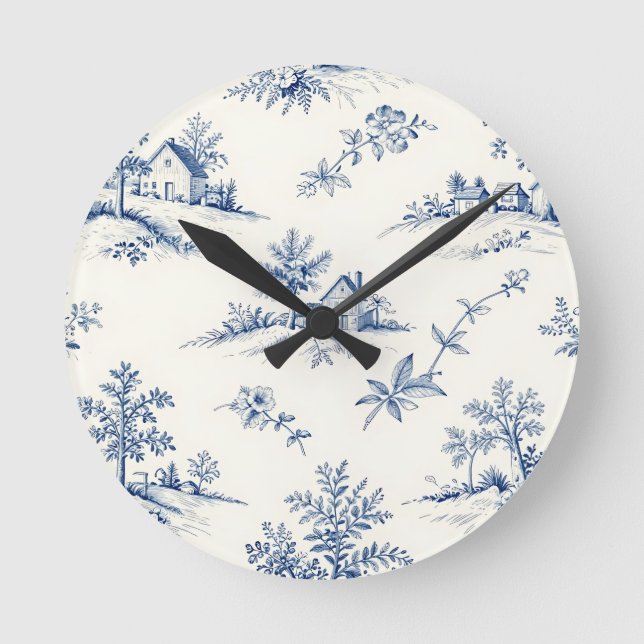 Toile de Jouy Countryside Seamless Pattern Round Clock (Front)