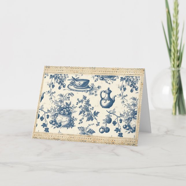 Toile de Jouy Deep Blue and Cream Kitchenware Note Card (Front)