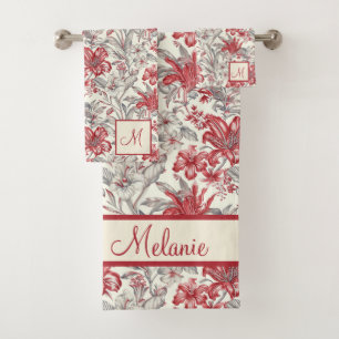 Toile de Jouy Deep Red and Grey Floral Lilies Bath Towel Set
