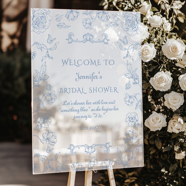 Toile de Jouy Douche nuptiale bleue Bienvenue (Créateur téléchargé)