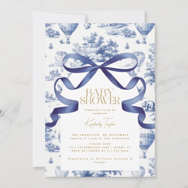 Toile De Jouy Dusty Blue Bow Baby Shower Invitation (Front)