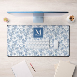Toile de Jouy florale vintage bleue monogramme fra