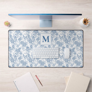 Toile de Jouy florale vintage bleue monogramme fra