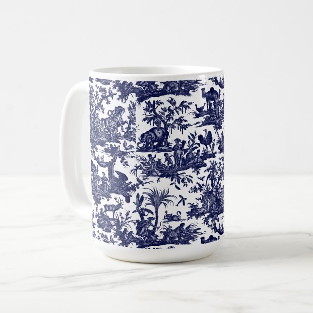 Toile de Jouy Four Parts Of The World blue pattern Coffee Mug (Front Left)