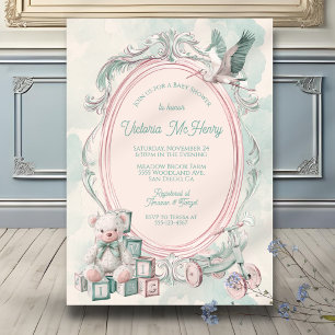 Toile de Jouy frame baby shower Pink Invitation