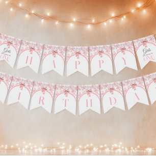 Toile de Jouy Girl Pink Bow First 1st Birthday Bunting Flags