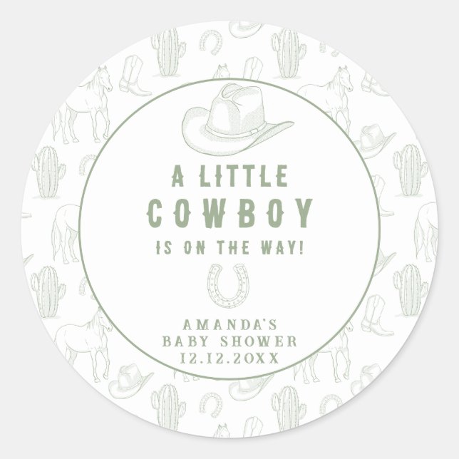 Toile de Jouy Green Cowboy Western Baby Shower Classic Round Sticker (Front)