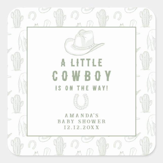 Toile de Jouy Green Cowboy Western Baby Shower Square Sticker (Front)