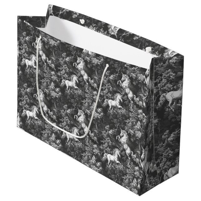 Toile De Jouy Monochrome Unicorns Large Gift Bag (Front Angled)