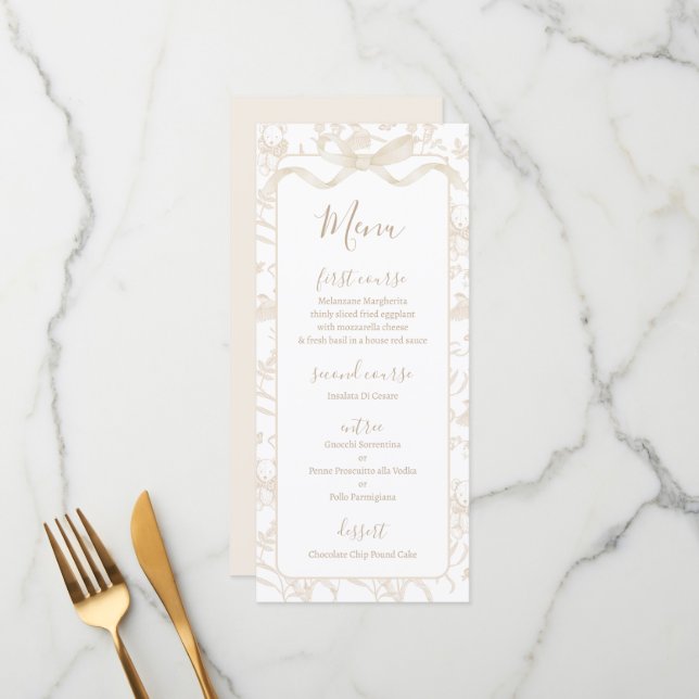 Toile de jouy Neutral Baby Shower Menu Card (Devant/Arrière en situation)