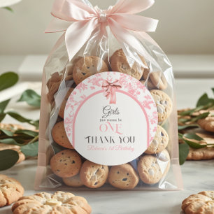 Toile de Jouy Pink Bow First 1st Birthday Decor Classic Round Sticker