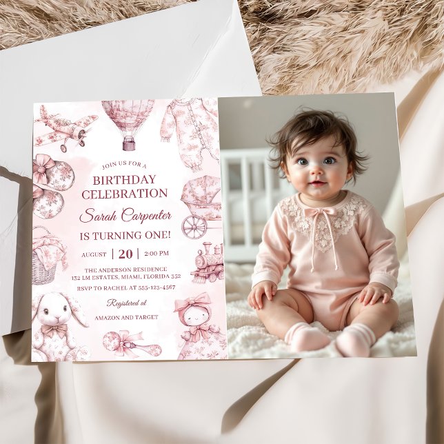 Toile De Jouy Pink Girl Birthday Party Photo  Invitation (Creator Uploaded)