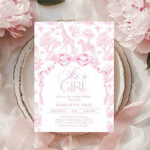 Toile de Jouy Pink Safari animals It's a girl Invitation