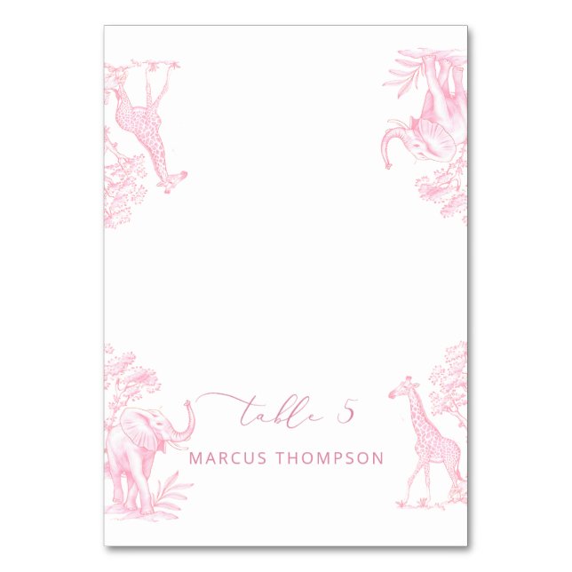 Toile de Jouy Pink Safari animals place cards (Front)