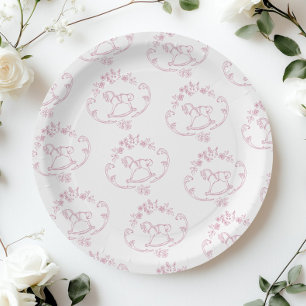 Toile de Jouy rocking horse Pink Baby Girl shower Paper Plate