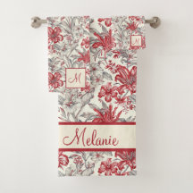 Toile de Jouy rouge foncé et gris floral lys