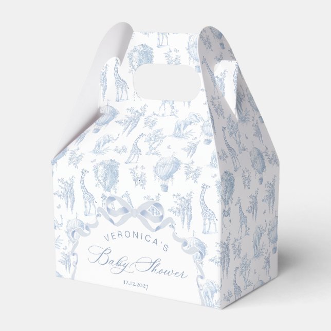 Toile de Jouy Safari animals Arch Blue Baby Shower Favor Box (Front Side)