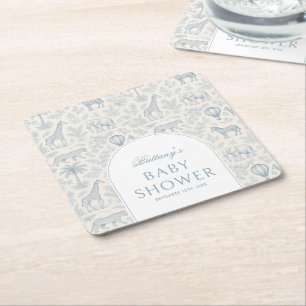Toile De Jouy Safari Blue Boy Baby Shower Square Paper Coaster