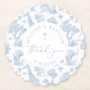 Toile de Jouy Safari Boy Baptism Thank you Paper Coaster