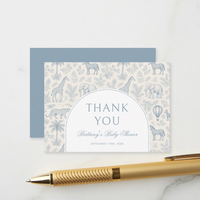 Toile De Jouy Safari Pastel Blue Baby Shower  Enclosure Card (Front/Back In Situ)