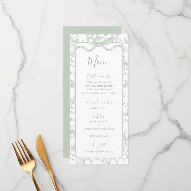 Toile de jouy Sage Baby Shower Menu Card (Front/Back In Situ)