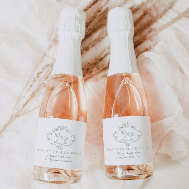 Toile de jouy Sage green Pop it when she pops Sparkling Wine Label (Creator Uploaded)