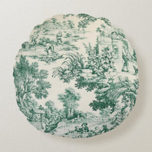 Toile de Jouy vert Round Pillow