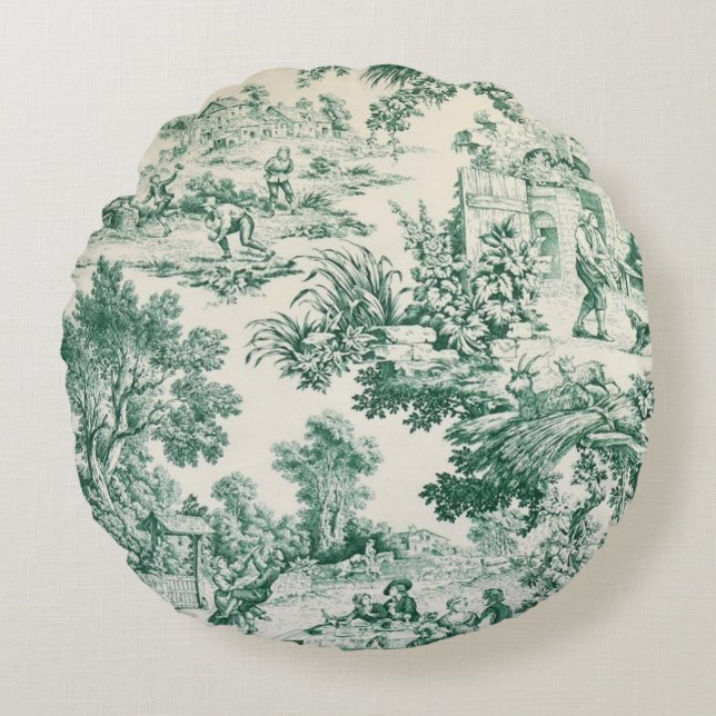 Toile de Jouy vert Round Pillow (Front)