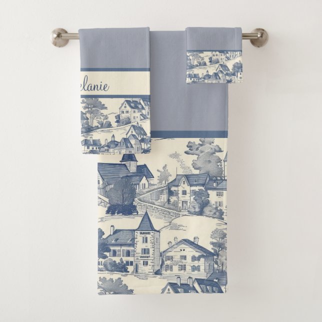 Toile de Jouy Village Scene Border on Blue Bath Towel Set (Insitu)