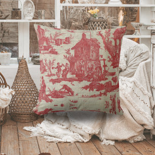 Toile de jouy Vintage Illustration Red The well Throw Pillow