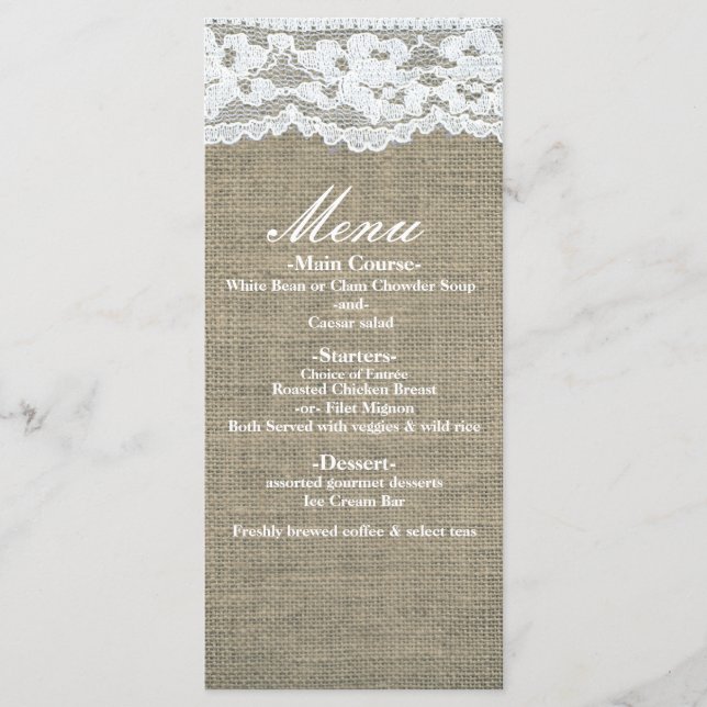 Toile de jute et dentelle Menu de mariage simple r (Devant)