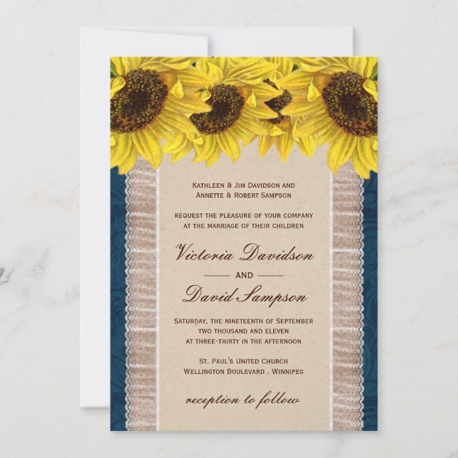 Toile de jute, faire-part de mariage de tournesol (Devant)