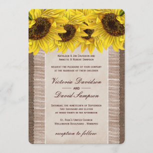 Toile de jute, faire-part de mariage de tournesol