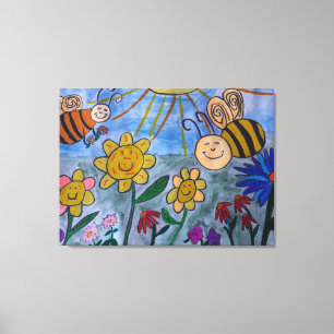 Toile de miel, abeilles et fleurs