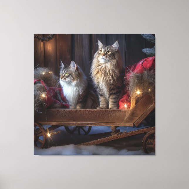 Toile Décor de Noël du Maine Coon Snowy Sleigh (Recto)