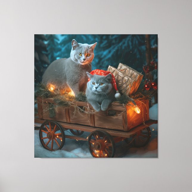 Toile Décor de Noël russe Blue Cat Snowy Sleigh (Recto)