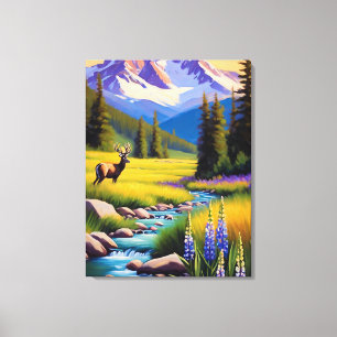 Toile Deer Rocky Mountain Spring Meadow Sunshine Lupins