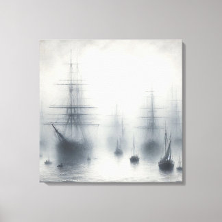 Toile Des navires mystérieux dans un port de Foggy