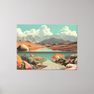 Toile Désert et lac surréalistes avec poissons rouges