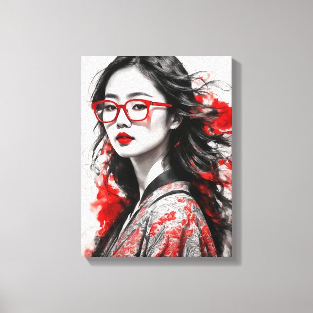 Toile Dessin d'une femme asiatique blanche noire (Recto)