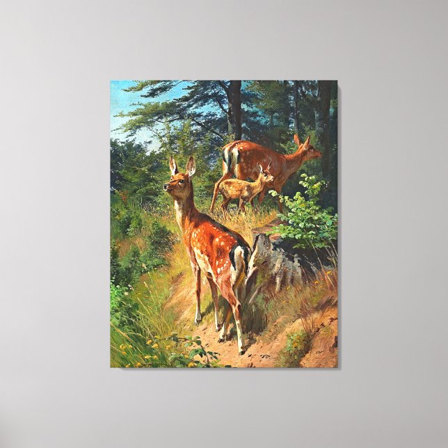 Toile Deux Cerfs Et Mignonnes Fawn Dans La Forêt (Recto)