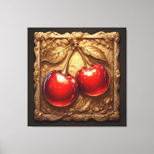 Toile Deux cerises rouges brillantes avec des feuilles d