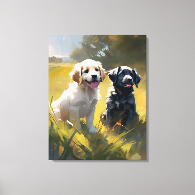 Toile Deux chiots dans l'herbe (Recto)