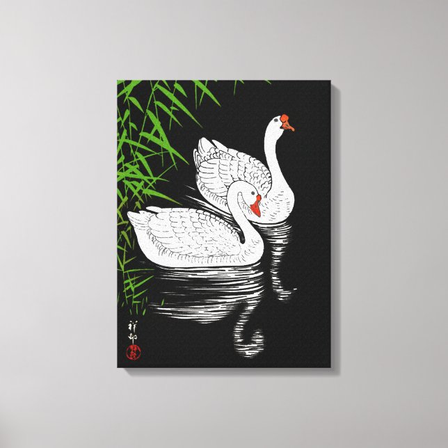 Toile Deux cygnes dans un bassin - Blanc sur un Arrière  (Recto)
