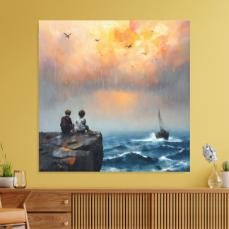 Toile Deux garçons regardent un bateau en mer