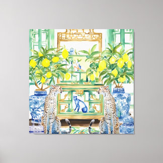 Toile Deux guépards en intérieur chinoiserie avec gingem