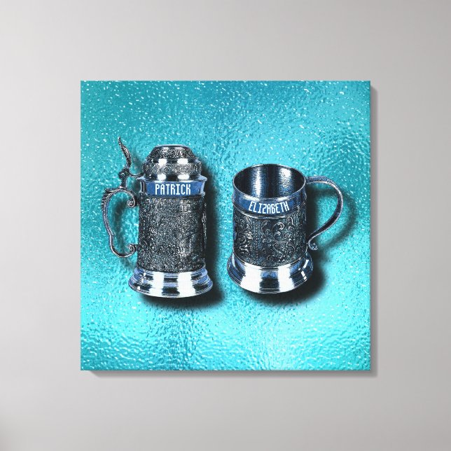 Toile Deux Mariage Anniversaire Nommé Beer Mugs Steins (Recto)