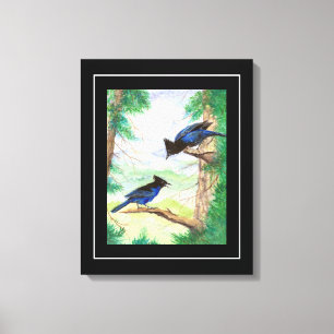 Toile Deux oiseaux geai stellaire à l'aquarelle arbres f