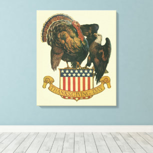 Toile Dinde de Thanksgiving vintage, aigle, drapeau amér